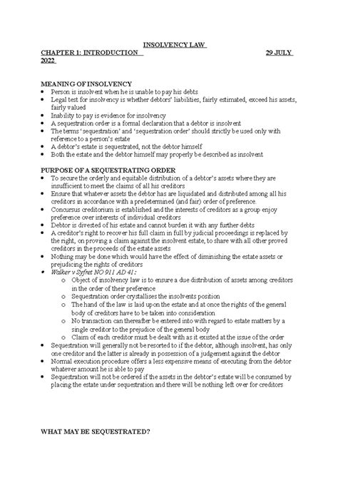 Insolvency LAW Chapter 1 - INSOLVENCY LAW CHAPTER 1: INTRODUCTION 29