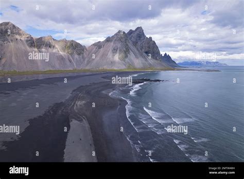 drone aerial  vestrahorn black sand beach  iceland stock photo alamy