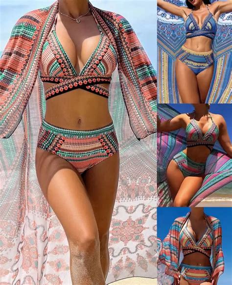 Chal Y Bikini De Estilo Tnico Retro Para Mujer Traje De Ba O De Tres