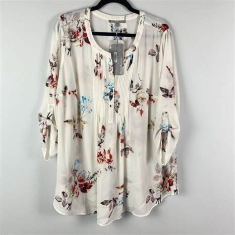 Daniel Rainn White Floral Pintuck Blouse Size 2X Pullover 3 4 Roll Tab