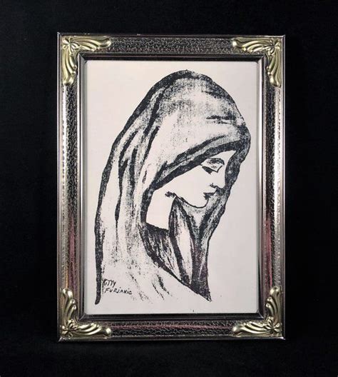 Vintage Charcoal Drawing Painting Of Mother Mary In Silver And Gold Metal Frame Signed By Artist