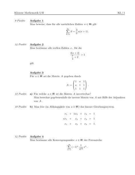 Klausur Mathematik I Ii Kl Punkte Aufgabe