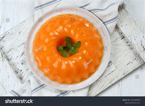 Close Up Mango Pudding Jelly Dessert On Stock Photo