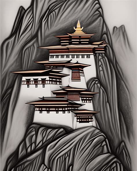 Graphite Drawing Taktsang Palphug Monastery Bhutan · Creative Fabrica