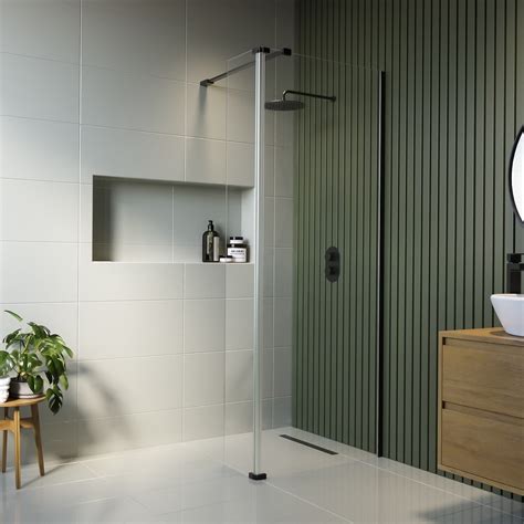 1100mm Black Frameless Wet Room Shower Screen With 300mm Hinged Flipper