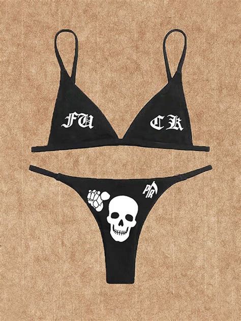 Emmiol Free Shipping 2023 Punk Skull Triangle Bikini Set Black M In