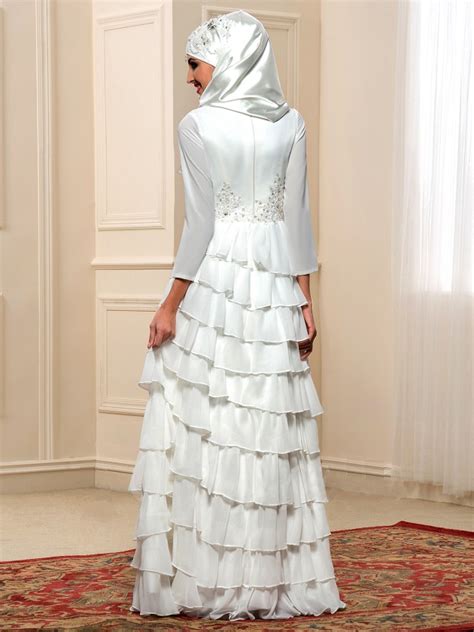 Chiffon Tiered Long Sleeve Wedding Dress With Hijab Elegant And Lovely