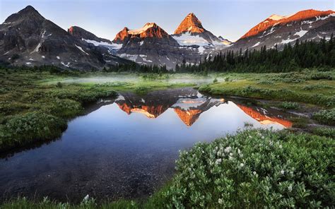 Snowy Mountains Meadows Reflection On River Hd Wallpaper Hd Nature