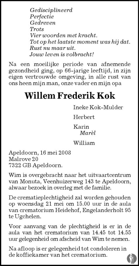 Willem Frederik Kok 16 05 2008 Overlijdensbericht En Condoleances