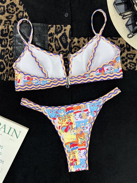 Colorful Print String Bikini Swimwear Piece High Cut Thong Bra Chuzko