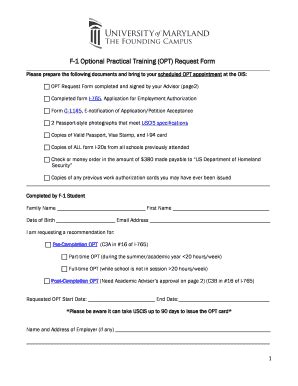 Fillable Online Umaryland F Optional Practical Training Opt Request