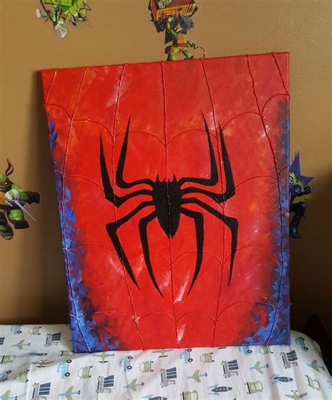 Spiderman Acrylic Canvas Painting With Hot Glue Detail Spiderman