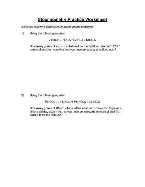 Stoichiometry Worksheet 1 Stoichiometry Practice Worksheet Solve The Following Stoichiometry