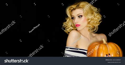 Sexy Blonde Woman Halloween Pumpkin Jackolantern Stock Photo 2221180907 Shutterstock