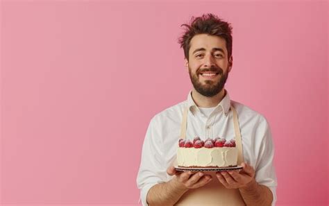 Premium Photo | Man holding birthday cake on solid color background ...