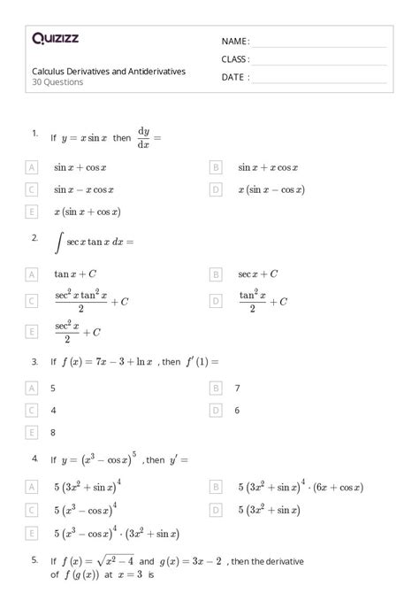 50 Derivatives Of Integral Functions Worksheets For 10th Class On