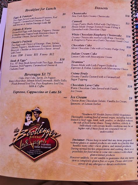 Menu at The Bootlegger Italian Bistro restaurant, Las Vegas