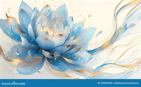 Asian Background With Blue And Gold Lotus Flower Leaves And Buds