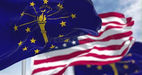 Seamless Loop In Slow Motion With Two Indiana State Flags Waving Along