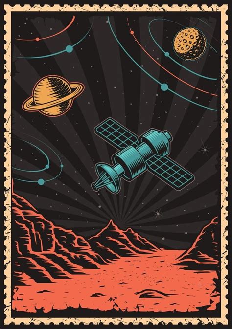 Vintage Space Poster With Satellite On Mars Planet Satellite Art