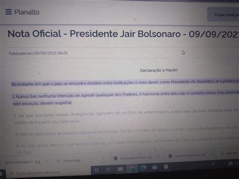 Bolsonaro Divulga Declara O Na O E Diz Que N O Teve Inten O De