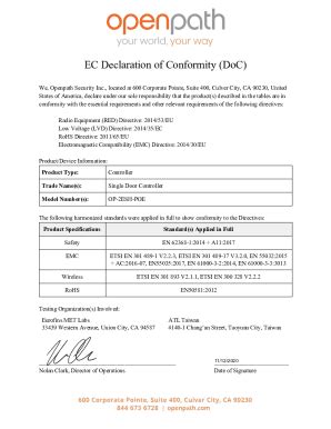 Fillable Online EC Declaration Of Conformity DoC Openpath Fax Email