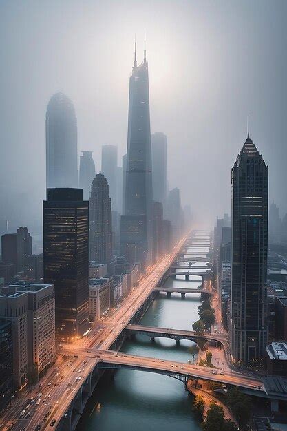 Premium Photo | A cityscape with a foggy cityscape in the background