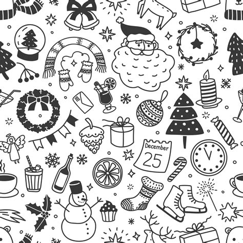 Christmas Doodle Seamless Pattern With Hand Drawn Xmas Scribbles New