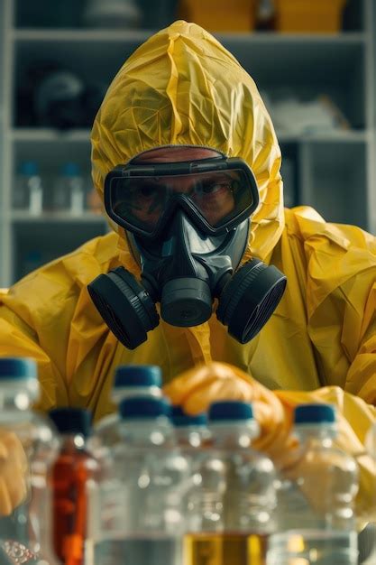 A Man Wearing A Yellow Hazmat Suit And Gas Mask Suitable For Science