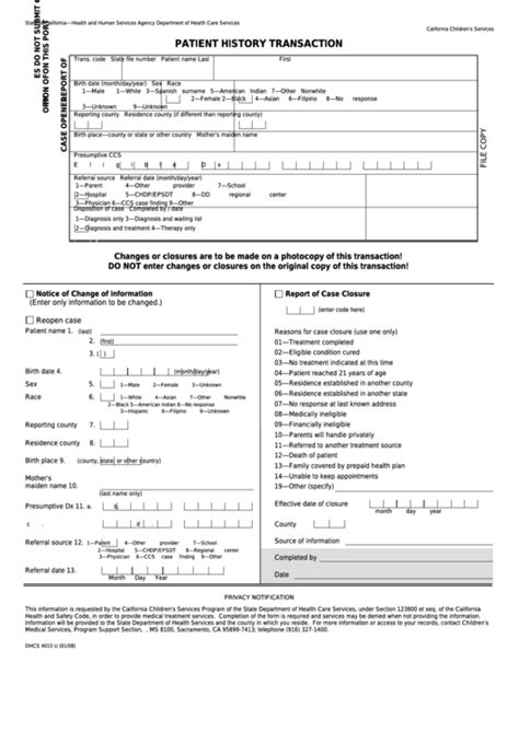 Fillable Form Dhcs U Patient History Transaction State Of