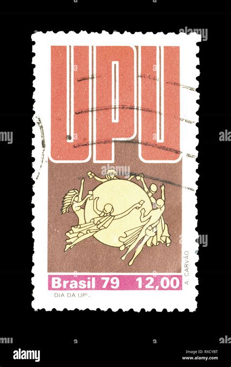 Cancelled Postage Stamp Printed By Brasil That Shows Upu Emblem Stock