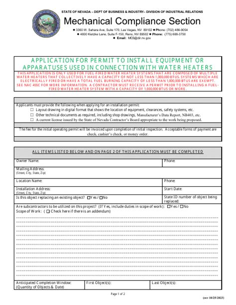 Nevada Application For Permit To Install Equipment Or Apparatuses Used