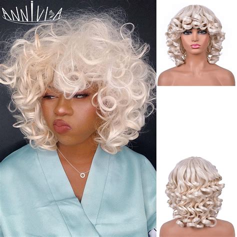 Short Hair Afro Kinky Curly Wigs With Bangs For Black Women Synthetic