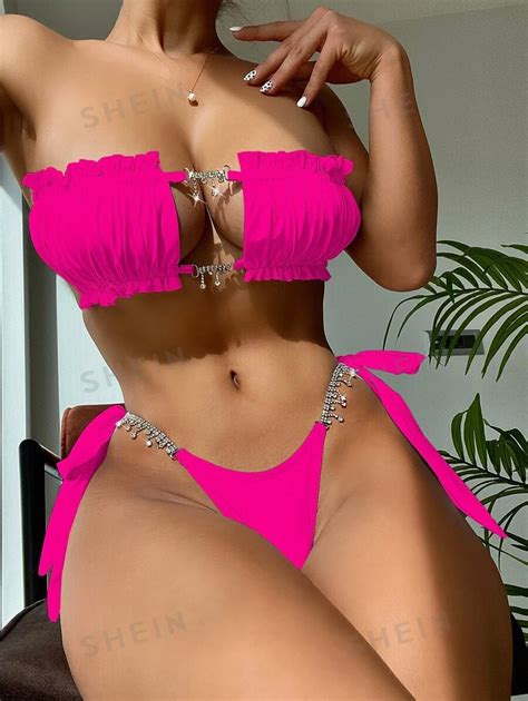 Shein Swim Sxy Ruched Bikini Set Frill Trim Glitter Chain Linked