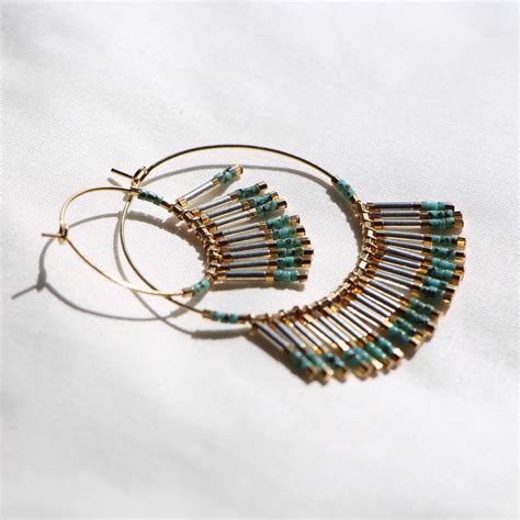 B O BAMBOU Golden Hoop Earrings With Fringes In Miyuki Beads