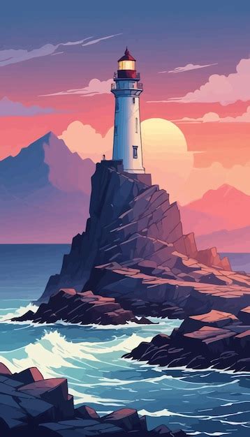 Premium Vector A Painting Of A Lighthouse With The Sun Setting Behind It