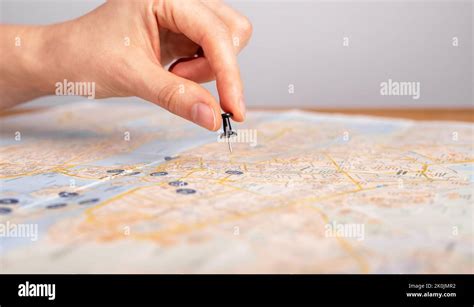 Woman Hand Pushing Pin On Map Trip Planning Female Marking Travel