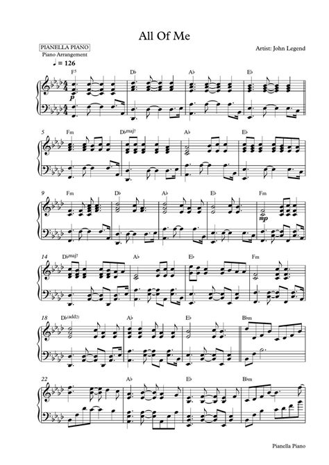 John Legend - All of Me (Piano Sheet) 악보 by Pianella Piano