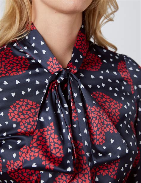 Womens Navy And Red Hearts Print Fitted Satin Blouse Single Cuff