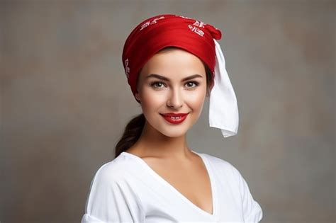 Portrait Of Gorgeous Pin Up Girl Wearing White Shirt And Red Headscarf