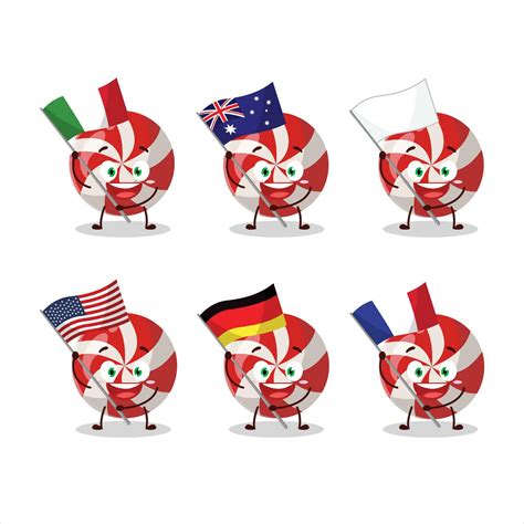 Red candy cartoon character bring the flags of various countries ...