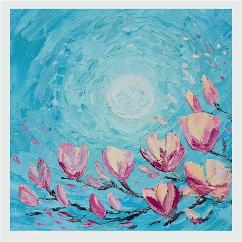 Magnolia painting Flower Small artwork Full moon night Origi - Inspire Uplift