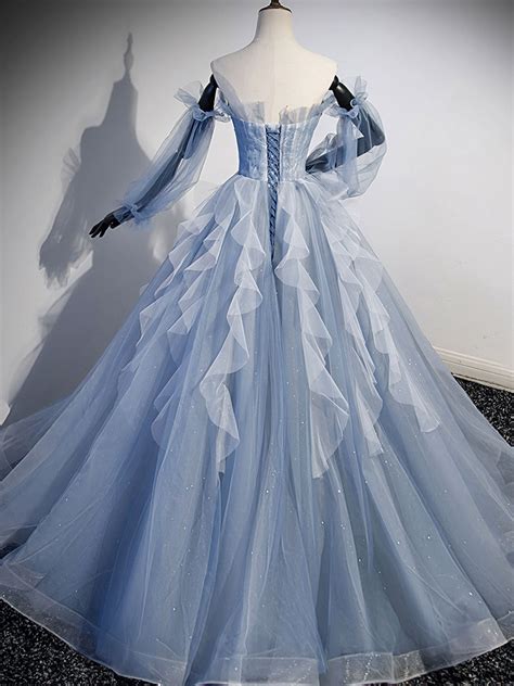 A-Line Tulle Gray Blue Long Prom Dress, Gray Blue Formal Evening Dress ...