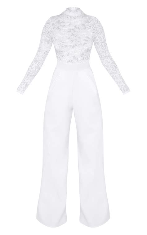 Petite White Lace High Neck Jumpsuit Prettylittlething Usa