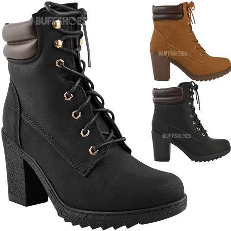 New Ladies Womens Chunky High Heel Combat Army Lace Up Biker Ankle