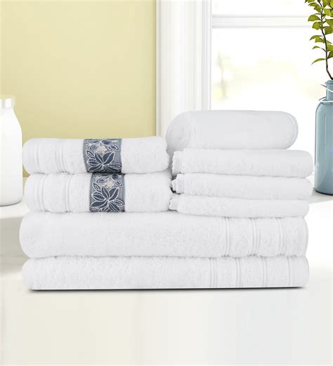 Buy White Cotton Solid 500 GSM Towel Set 8 Pieces By Lush Beyond At