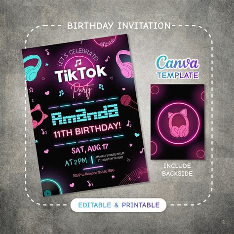 Tiktok Birthday Invitation Tik Tok Invite Printable Editable Tiktok Party Invite Template