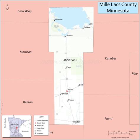 Map of Mille Lacs County, Minnesota showing cities, highways & important places. Check Where is ...