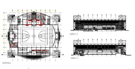 Sports complex elevation and plan - Cadbull