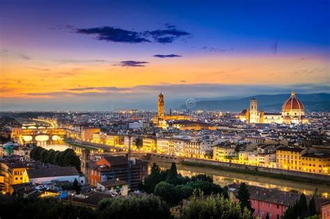 Scenic View Of Florence After Sunset From Piazzale Michelangelo Stock